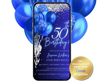 Digital 50th Birthday Party Invitation, Royal Blue, Silver, Phone Text Message Evite, Editable Template, Instant Download