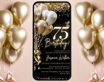 Black Gold 75th Birthday Invitation for Women, Elegant Party Invitations, Digital Invite, Editable Canva Template