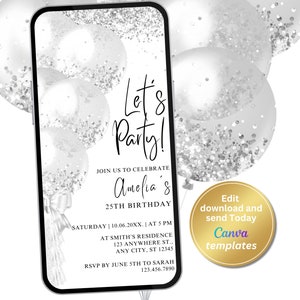 Digital White Birthday Party Invitation, Silver Glitter, Electronic Phone Text Message Evite, Editable Template, Instant Download
