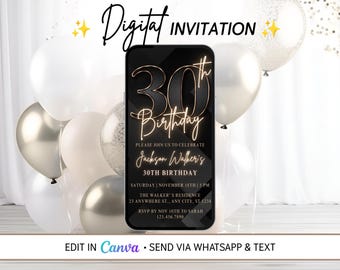 30th Birthday Invitation for Men, Black Gold Number Thirty Birthday Mobile Evite, Editable Canva Template, Electronic Text Message Invite