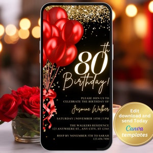 Digital Women&#39;s 80th Birthday Party Invite - Red and Gold Design - Editable for Any Age - Birthday Party Invite, Instant Download
