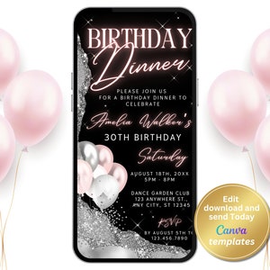 Glam Birthday Dinner Invitation for Women - Digital Birthday Party Invite editable Template - Elegant Silver Glitter Invitation