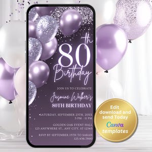 Digital Pastel Purple 80th Birthday Invitation for Women, Editable for Any Age, Instant Download, Elegant Invitation with Glitter Balloons