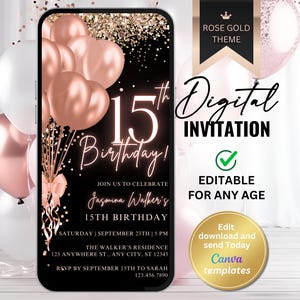 Invitación digital editable de 15 años para niñas – Oro rosa – Cena o brunch de cumpleaños elegante de Evite – Plantilla de descarga instantánea