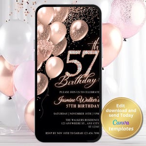 Digital 57th Birthday Party Invitation, Rose Gold Invite, Phone Text Message, Digital Invite, Editable Template, Instant Download