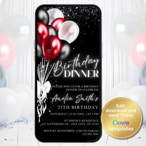 Invito digitale per cena di compleanno nero rosso, palloncini neri rossi bianchi, invito tramite messaggio di testo telefonico, modello modificabile, download immediato