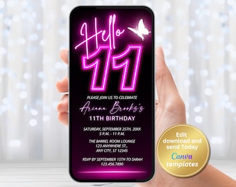 Neon Pink 11th Birthday Invitation with Butterfly – Editable Girl Digital Phone Invite – Tween Birthday Sleepover or Party Template
