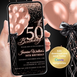 Digital 50th Birthday Party Invitation, Black Rose Gold Invite, Phone Text Message, Digital Invite, Editable Template, Instant Download
