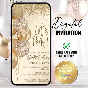 Faire-part d'anniversaire doré pour femme ou fille - Faire-part de fête numérique modifiable avec des ballons dorés - Modèle élégant à paillettes, téléchargement immédiat