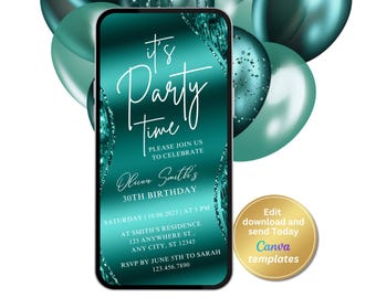 Digital Glam Teal Birthday Invitation, Teal Glitter Wave, Electronic Phone Text Message Evite, Editable Template, Instant Download