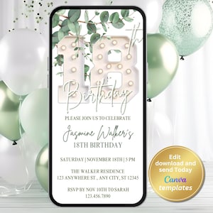 Faire-part 18e anniversaire pour filles - Eucalyptus verdure par téléphone numérique - Texte modifiable - Chiffres blancs - Téléchargement immédiat