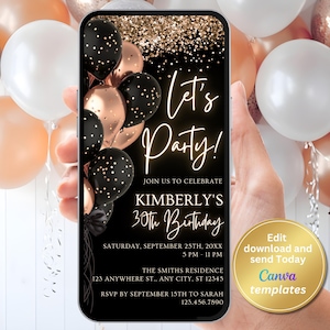 Digital Rose Gold Birthday Invitation - Black and Rose Gold Elegant Birthday Template - Editable for Any Age - Instant Download
