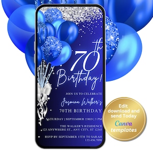 Invito digitale per la festa del 70° compleanno, blu reale, argento, invito tramite messaggio di testo telefonico, modello modificabile, download immediato