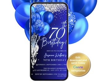 Digital 70th Birthday Party Invitation, Royal Blue, Silver, Phone Text Message Evite, Editable Template, Instant Download