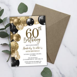 Black and Gold 60th Birthday Invitate, Editable 5x7 Digital Template for Birthday Dinner, Brunch, or Party, Printable or Text Message Invite