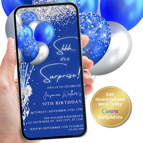 Digital Surprise Birthday Party Invitation, Royal Blue Silver, Sapphire Blue, Phone Text Message Evite, Editable Template, Instant Download