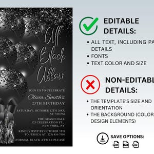 May include: Black and white invitation with silver glitter accents. The invitation is for Olivia Smith's 25th birthday party. The text reads "All Black Affair" and includes the date, time, location, and RSVP information. Formal black attire is requested.