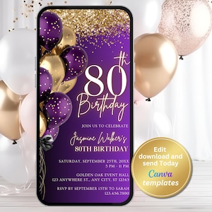 80th Birthday Invitation for Women - Purple Gold Digital Invite - Editable for Any Age - Elegant Text Message Template - Instant Download