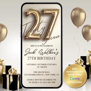 Minimalist 27th Birthday Invitation – Gold Foil Digital Invite for Men & Women | Editable Brunch, Dinner or Cocktail Party Evite