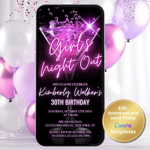 Girls Night Out Digital Invitation – Neon Pink Martini Party Phone Invite for Women – Editable Canva Template – Instant Download Evite
