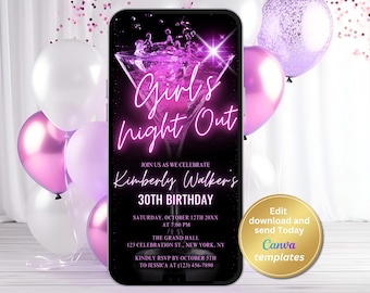 Invitación para una noche de chicas con temática de Martini rosa neón, invitación por teléfono (descarga digital)
