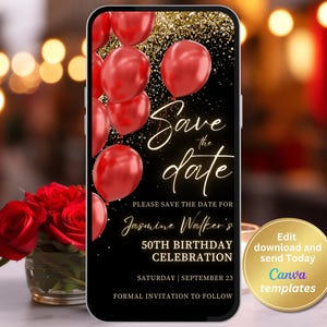 Convite digital para salvar a data, convite com glitter dourado vermelho preto, mensagem de texto, convite digital, modelo editável, download instantâneo