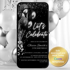 Zwarte uitnodiging voor verjaardagsfeestje - digitale zwarte glitterballonnen - bewerkbare sjabloon voor tieners en volwassenen - Evite-uitnodiging direct downloaden