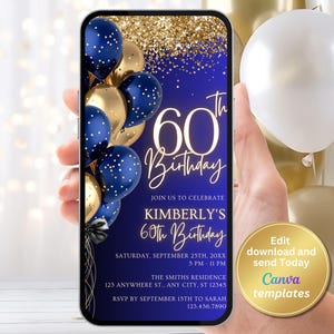 Digital 60th Birthday Party Invitation - Elegant Royal Blue and Gold Template - Editable Milestone Birthday Invite - Instant Download
