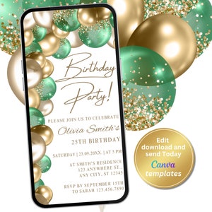 Digital White Green Gold Birthday Party Invitation, Phone Text Message Evite, Editable Template, Instant Download