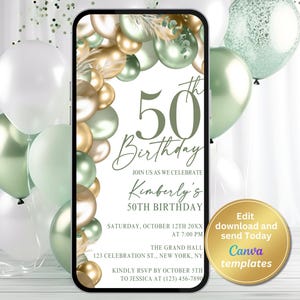 以下が含まれることがあります： 緑と金の50歳の誕生日パーティーの招待状で、携帯電話の画面のモックアップが使用されています。招待状には、緑と金の風船のアーチと、緑の葉のついた小枝が描かれています。招待状のテキストには「50歳の誕生日」と、パーティーの詳細が記載されています。