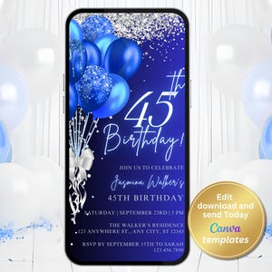 Convite digital para festa de 45 anos, azul royal, prata, mensagem de texto por telefone, modelo editável, download instantâneo