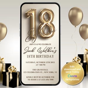 Faire-part 18e anniversaire minimaliste - Evite numérique feuille d'or | Invitation à une fête du 18e anniversaire pour hommes et femmes - brunch, dîner, moderne