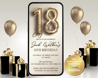Minimalistische Gold 18.Geburtstagseinladung, Party einladen für Männer und Frauen, digitaler Download