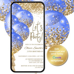 Digital White Blue Birthday Party Invitation, Blue Gold, Editable Template, Any Age, Evite, Instant Download, Phone Evite