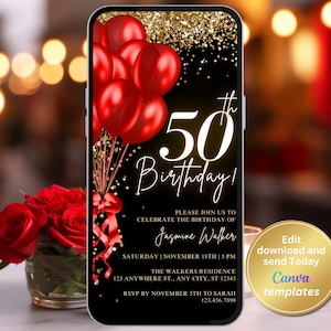 Digital Women's 50th Birthday Party Invite - Red and Gold Design - Editable for Any Age - Birthday Party Invite, Instant Download
