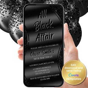 Editable All Black Affair Invitation, All Black Party Invitation, Glam Black, Formal Attire Invite, Printable, Text Invite
