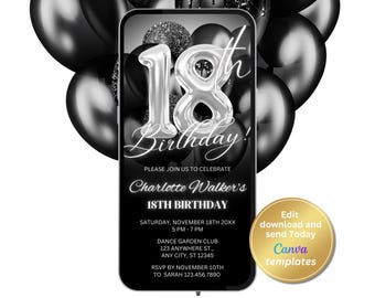 Black 18th Birthday Invitation, Silver Glitter Balloons Evite, Canva Editable Template