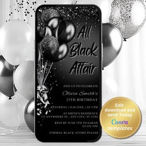 Editable All Black Affair Birthday Invitation, All Black Party, Black Glitter Balloons, Formal Attire Invite, Printable, Text Invite