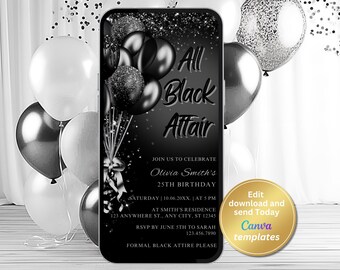 Editable All Black Affair Birthday Invitation, All Black Party, Black Glitter Balloons, Formal Attire Invite, Printable, Text Invite