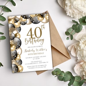 Faire-part 40e anniversaire pour femme - Faire-part de fête noir et or - Modèle de toile modifiable - Imprimable 5 x 7 pouces ou SMS - Dîner d'anniversaire