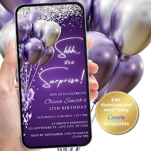 Editable Surprise Birthday Party Invitation, Purple Silver Surprise Invite, Editable Template, Evite, Instant Download, Phone Evite