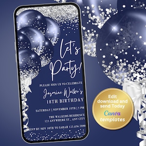 Digital Navy Blue Birthday Party Invitation, Blue Balloons Invite, Phone Text Message, Digital Invite, Editable Template, Instant Download