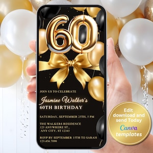 Digital 60th Birthday Invitation - 60th Birthday Party - Black and Gold Theme, Phone Invite, Editable Template, Instant Download