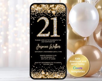 21st Birthday Invitation Template, Gold Diamond Party Invite, Canva Template, Digital Invitation, Instant Download