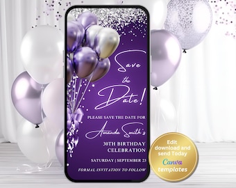 Plantilla editable de invitación de cumpleaños con fecha de reserva, invitación digital morada y plateada, descarga instantánea