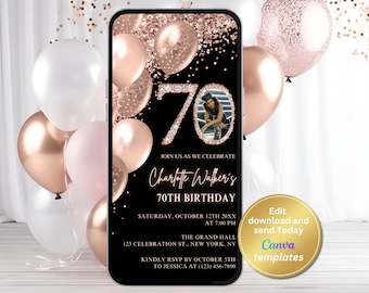 Digital 70th Birthday Invitation with Photo, Editable Invite for Women, Instant Download