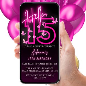 Invitation numérique néon rose fuchsia, anniversaire pour fille, invitation numérique, modèle modifiable, téléchargement immédiat