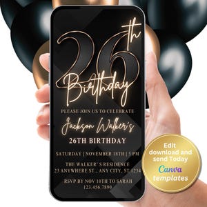 26 Geburtstag Einladung, schwarz Gold Zahl einladen, für Männer, digitale Einladung, bearbeitbare Vorlage, Sofort Download