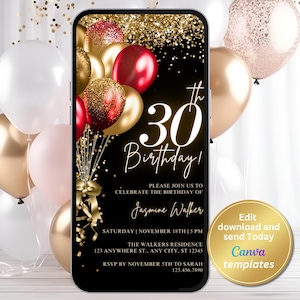 Invitación para fiesta de cumpleaños número 30 en rojo y dorado: invitación digital editable, descarga instantánea, invitación con mensaje de texto para celebrar el cumpleaños número 30