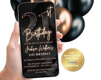 21st Birthday Party Invitation, Black Gold Number Invite, For Men, Digital Invite, Editable Template, Instant Download